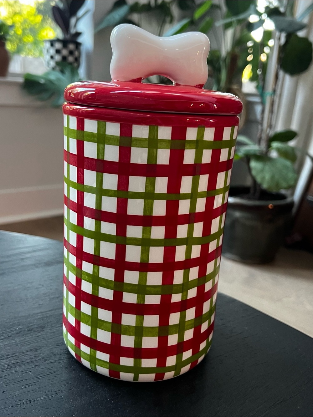 Plaid Ceramic Canister with Bone Knob - Red & Green
